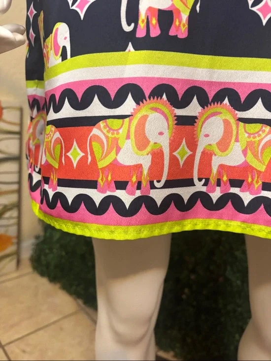 Sleeveless Navy Elephant Print Shift Dress - Pink & Yellow Accents - Picture 5 of 8